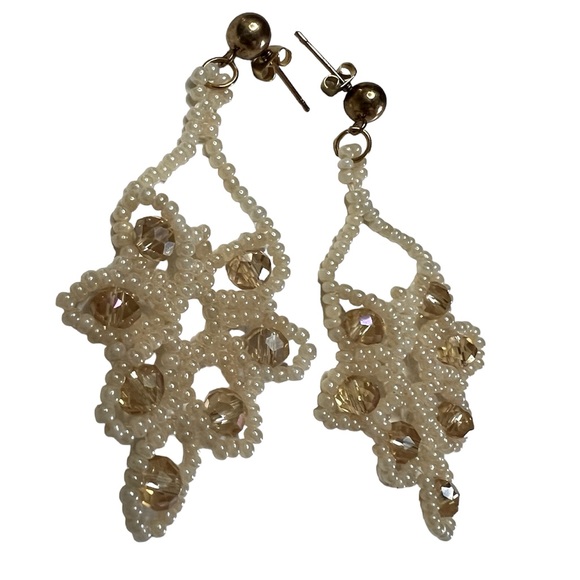 Handmade Beaded Earrings -Leaf Post Earings - Color: Ivory beads & Tan Crystals - Picture 2 of 2